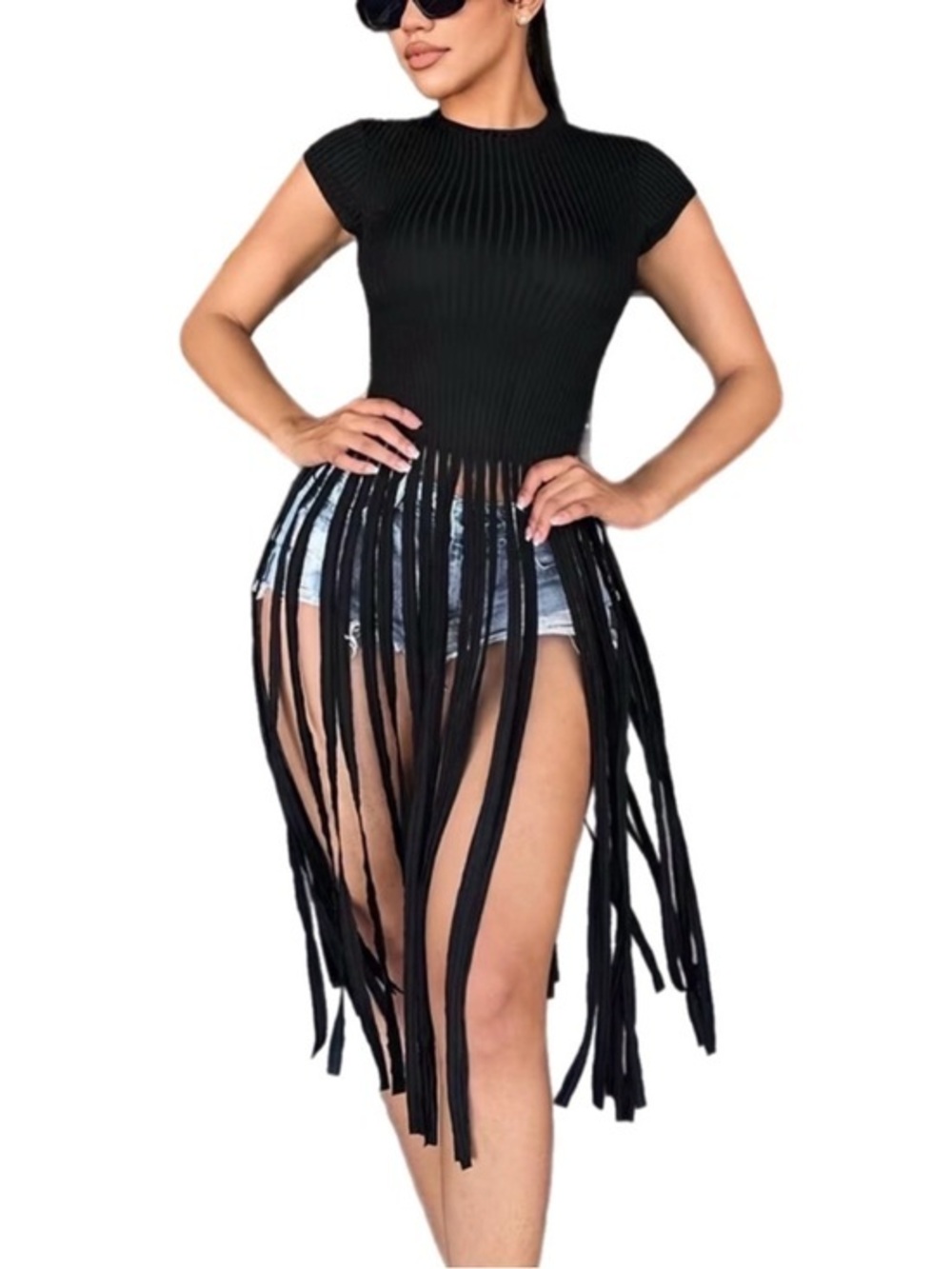 Boutique | Crew Neck Black Fringe Crop Top NWOT